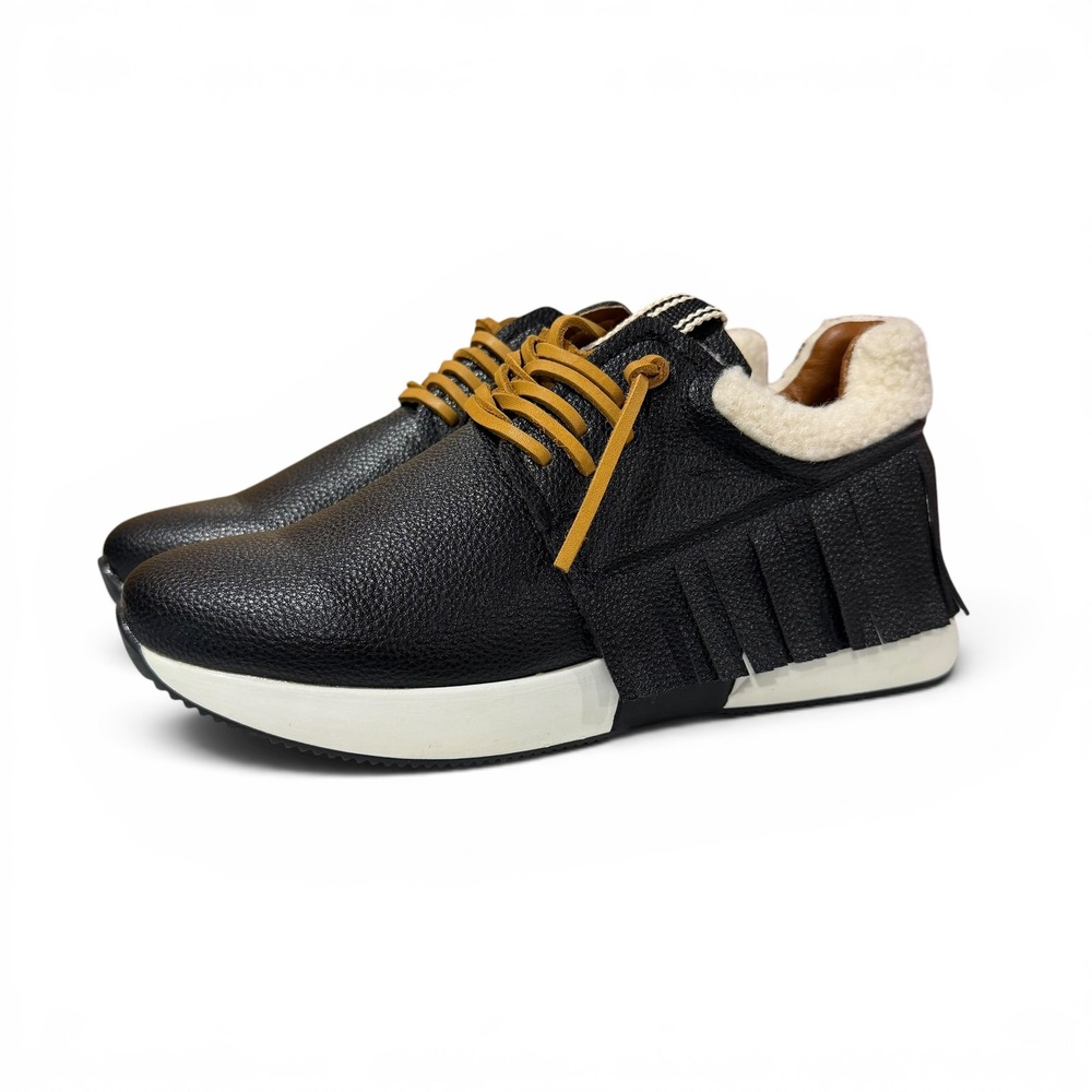 Shu Shop‎ Black Pebbled Leather Fringe Sneakers Shearling Trim Laced Womens 8
